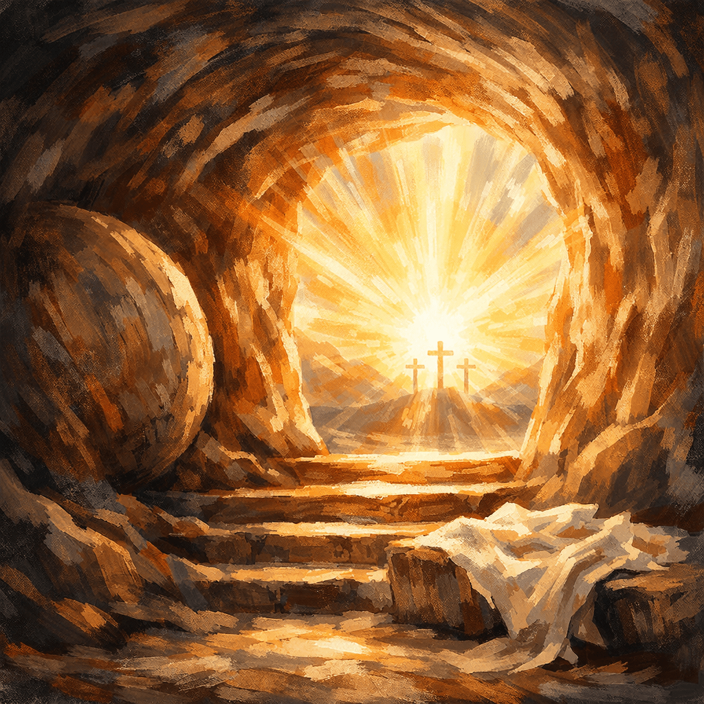 Empty tomb interior with stone steps, rolled stone, white cloth, and three crosses in sunlight