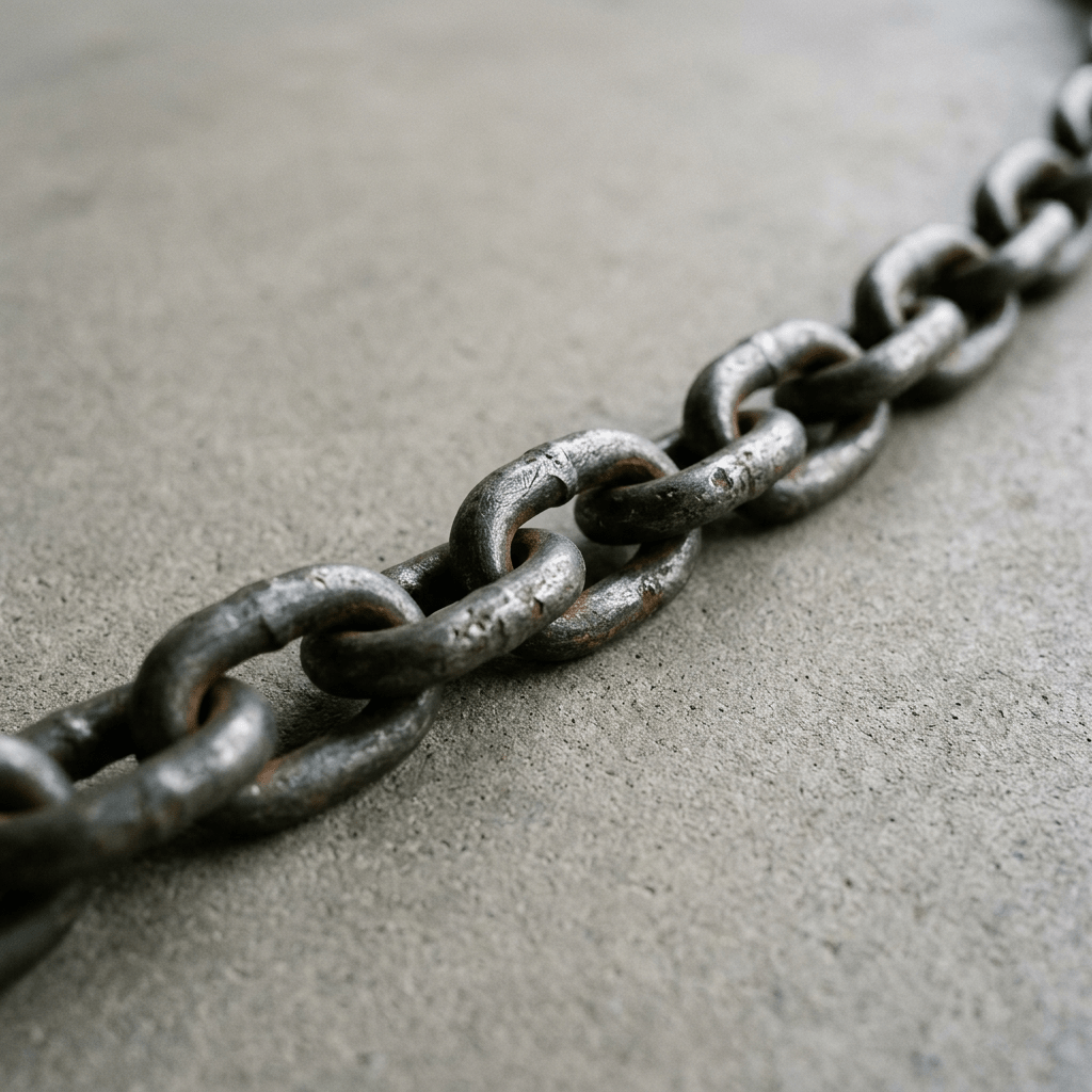Rusty metal chain links on a rough concrete background