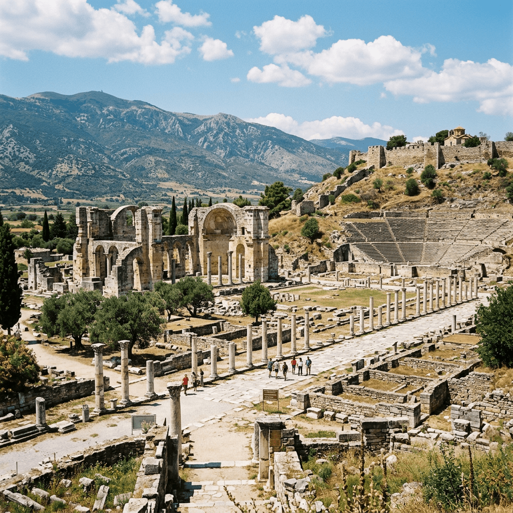 Ancient Roman ruins with columns, arches, and amphitheater surrounded by hills and mountains