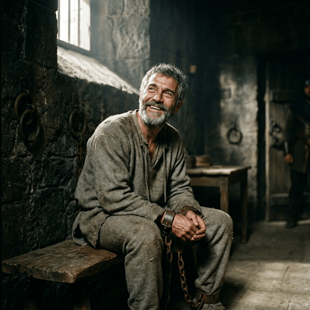 Man in medieval prison clothes sitting with chained wrists smiling