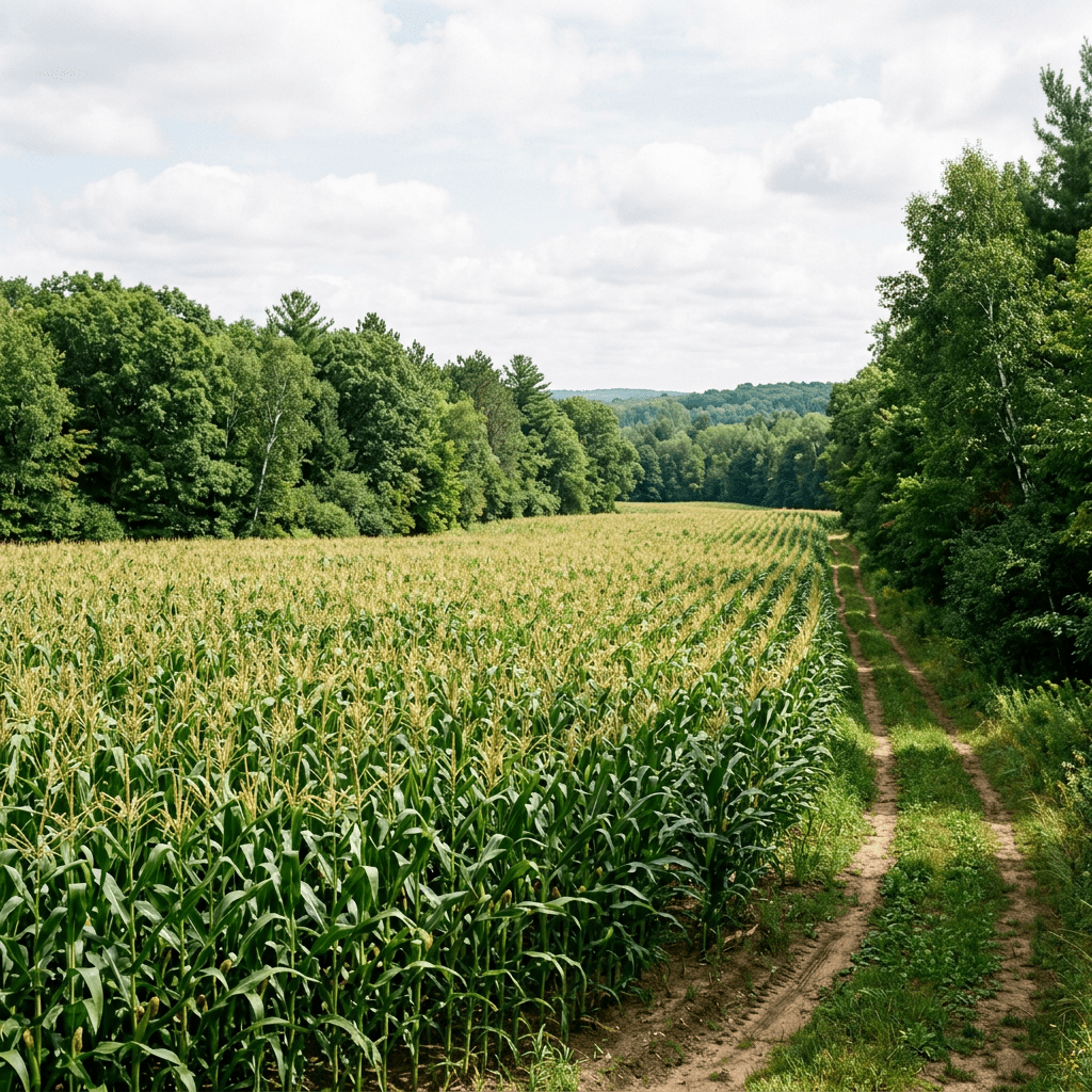 Large cornfield with healthy green stalks next to a dirt road and forest trees