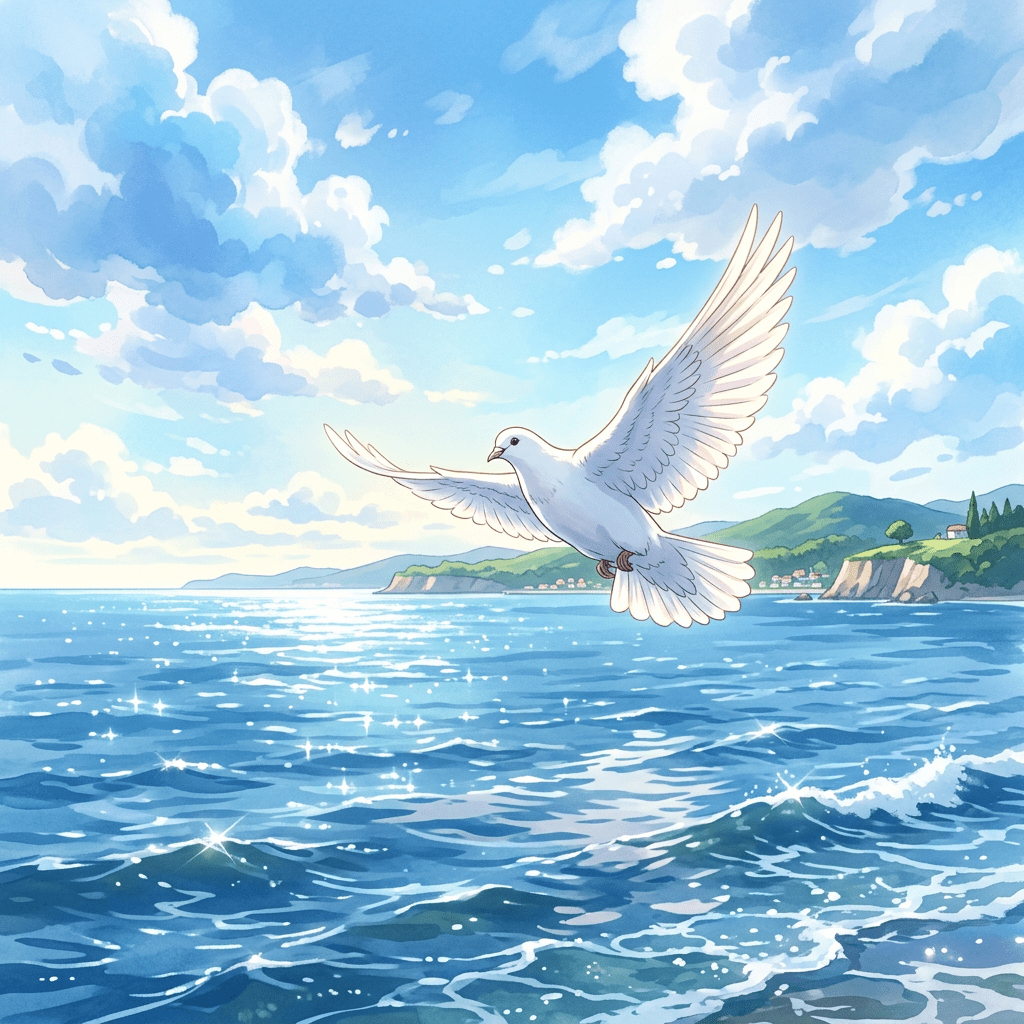 White dove flying over sparkling ocean near a green coastline under a partly cloudy blue sky
