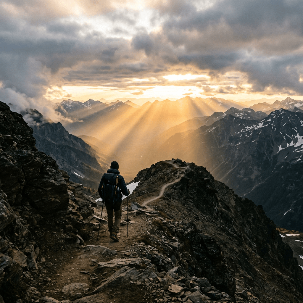 Hiker with backpack and trekking poles on mountain trail at sunrise with sunrays