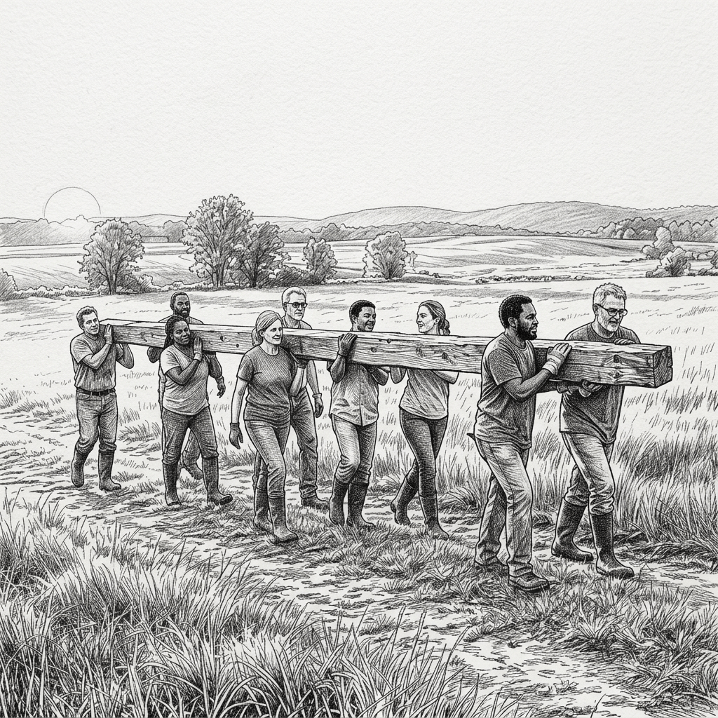 Eight people carrying a large wooden beam together outdoors during sunset.