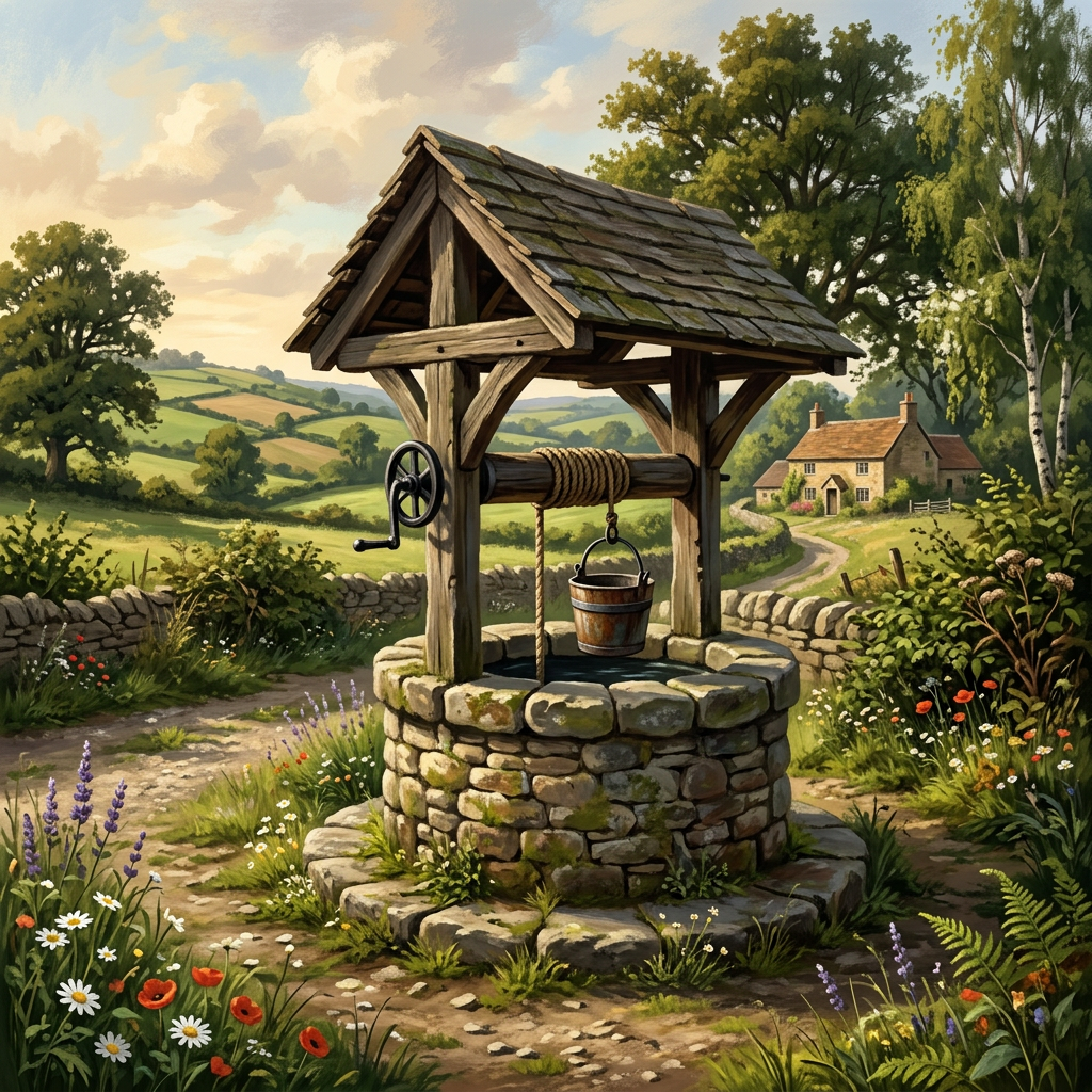 Stone well with wooden roof and bucket in a countryside garden with flowers and distant cottage
