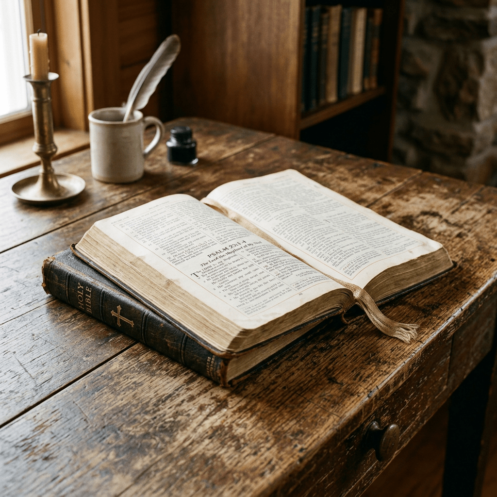 Open antique Bible with visible text on a weathered wooden desk alongside a quill in a mug, ink bottle, and brass candle holder