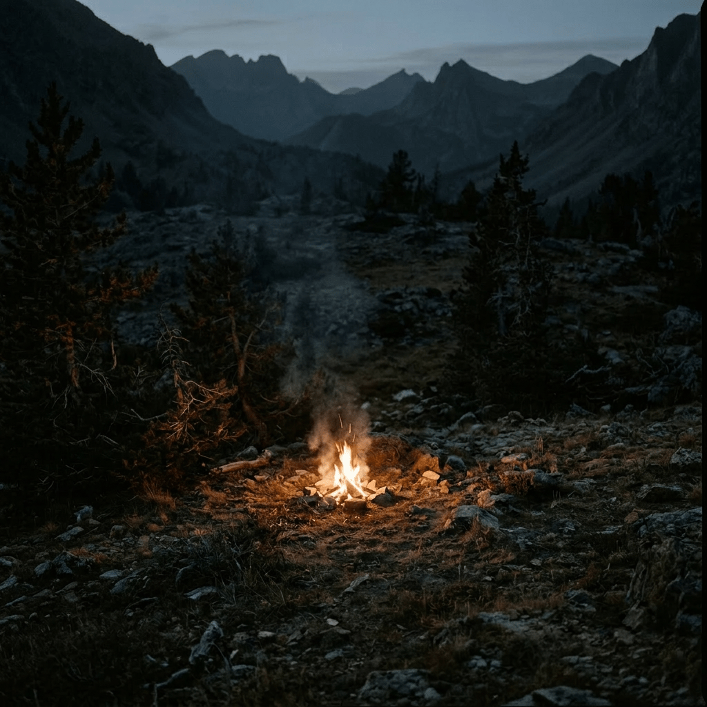 Person sitting near campfire in rocky mountain landscape during twilight